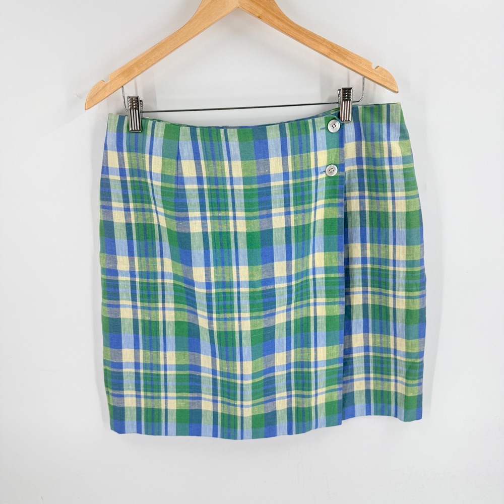 Vintage Talbots Plaid Linen Wrap Skirt Green Blue 16 NWT Preppy‎ Summer